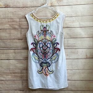 ‎TINLEY EMBROIDERED LINEN BLEND MINI DRESS IN WHITE
